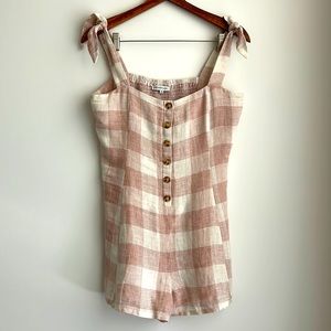 Heartloom Cream Plaid Linen Tie Shoulder Romper